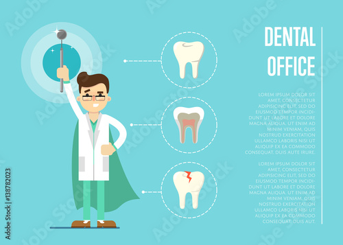 Male cartoon dentist in medical uniform and superhero green cape holding dental mirror on blue background with teeth round icons, vector illustration. Dental office banner. Oral hygiene, tooth health