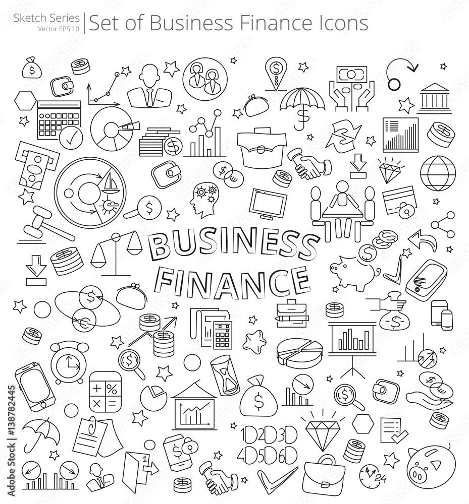 Hand Drawn Business and Finance icons. Vector Illustration of large set of Business and Finance icons and doodles. Hand Drawn Sketch Style.
