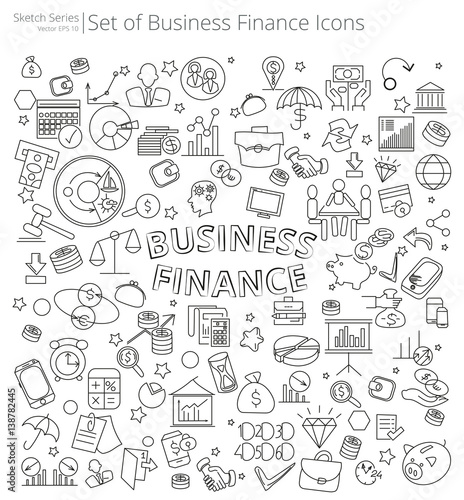 Hand Drawn Business and Finance icons. Vector Illustration of large set of Business and Finance icons and doodles. Hand Drawn Sketch Style.
