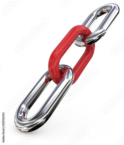Agent  middle man. Three Chain Links angled on floor. Steel with middle Red. 3d Render. 