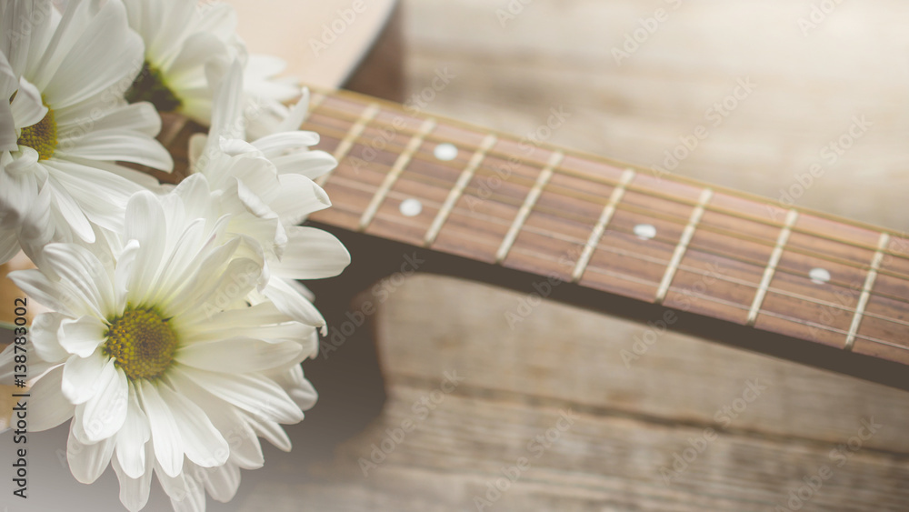Obraz premium Morning relaxation and cozy with white daisy on guitar for Rural vacation lifestyle , music therapy concept