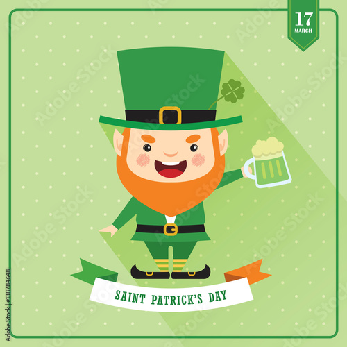 Cute Leprechaun celebrating Saint Patrick's Day with mug of green beer / Vector illustration.