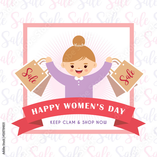 International Women's Day sale of cute cartoon young woman holding shopping bags in flat design style. 8 march vector illustration.