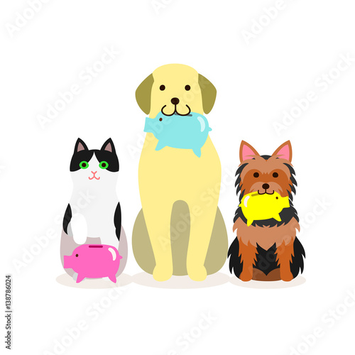 Small group of dogs and cat with piggy bank