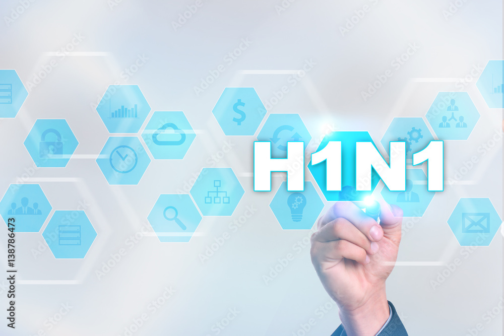Medical doctor drawing h1n1 on the virtual screen. Medical doctor drawing h1n1 on the virtual screen.