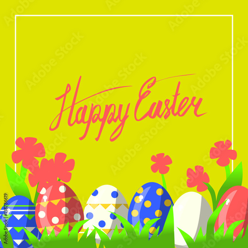 Vector greeting card for happy easter with hand lettering calligraphy and Illustrations