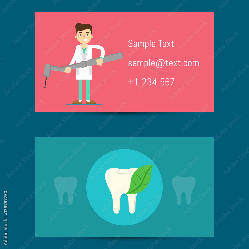 Professional business card template for dentists with cartoon man in