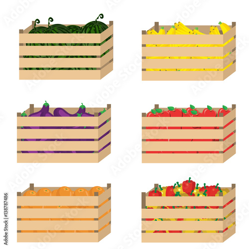 Wooden box with fruits and vegetables.