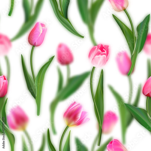 Floral pattern. Realistic tulips with blurred tulips background. Watercolor imitation. Not trace. Vector seamless background. Pink tulips