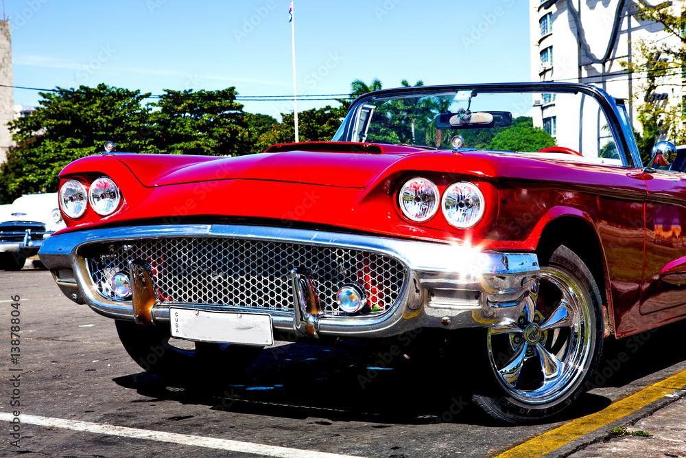 Red Classic Car at Plaza de la Revolucion in Havana, Cuba