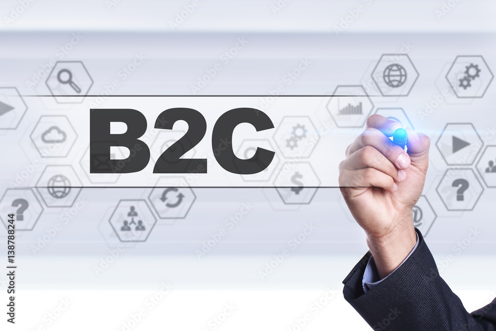 Fototapeta premium Businessman drawing on virtual screen. b2c concept.