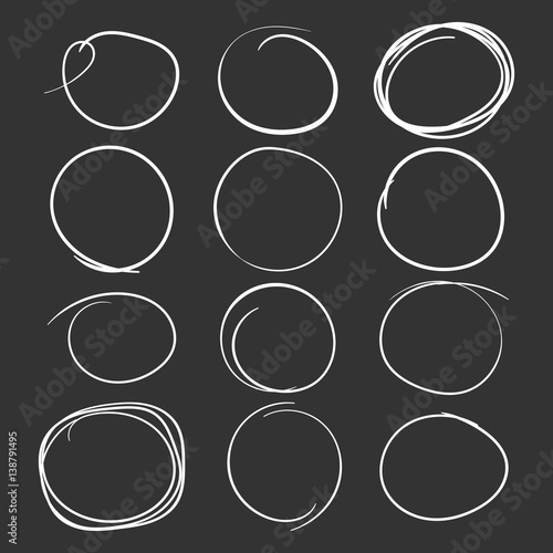 Set of the hand drawn scribble circles. Vector element. Illustration on black background.