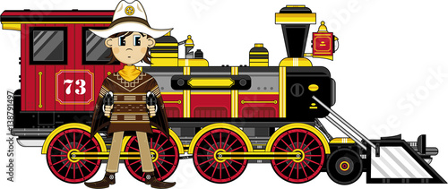 Cute Wild West Cowboy and Steam Train