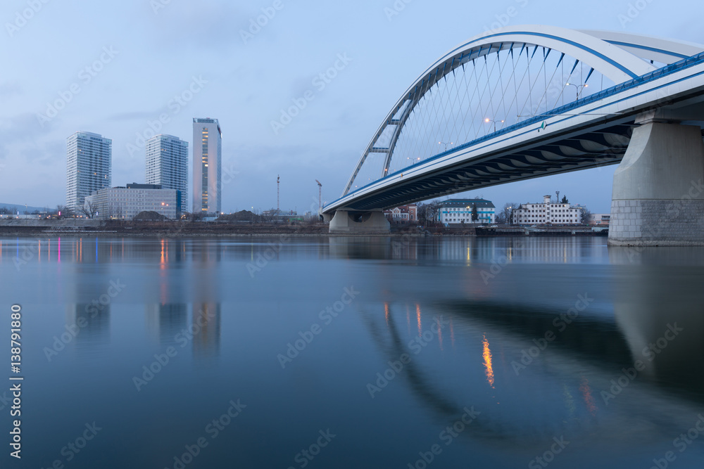Apollo bridge and highrise buildings in Bratislava, Slovakia.
