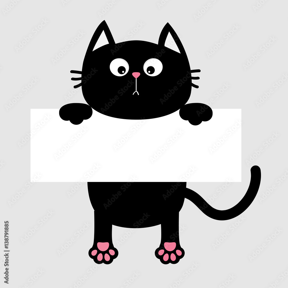 Black funny cat hanging on paper board template. Kitten body with paw ...
