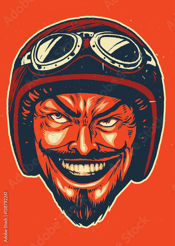 Hand drawing of devil wearing motorcycle helmet