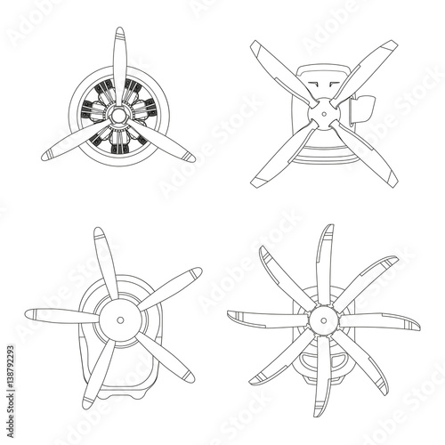 Aircraft engine in outline style. Contour drawing of motor with propeller on white background