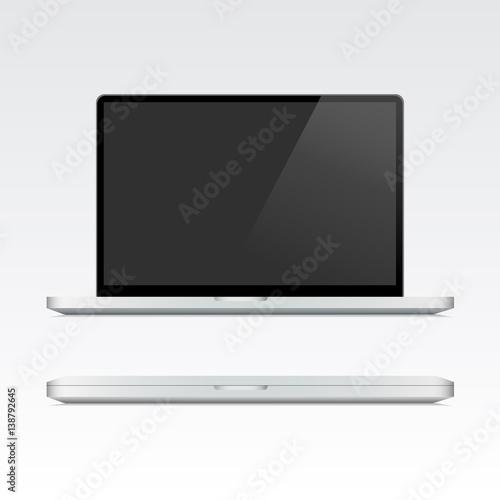 Realistic laptop opened and closed. Laptop mockup with black screen isolated on white background. Vector illustration