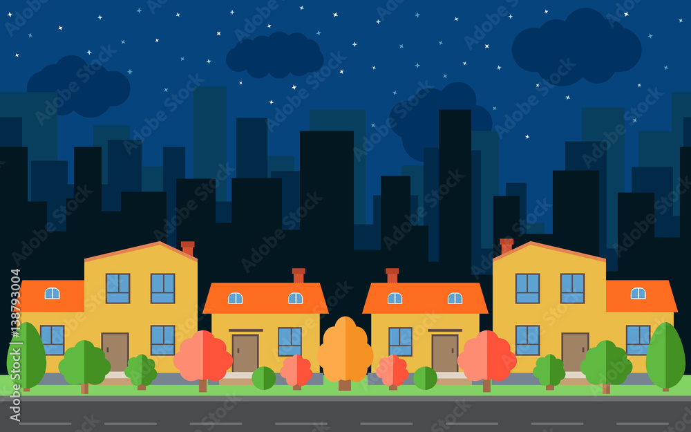 Vector night city with four cartoon houses and buildings. City space with road on flat style background concept. Summer urban landscape. Street view with cityscape on a background
