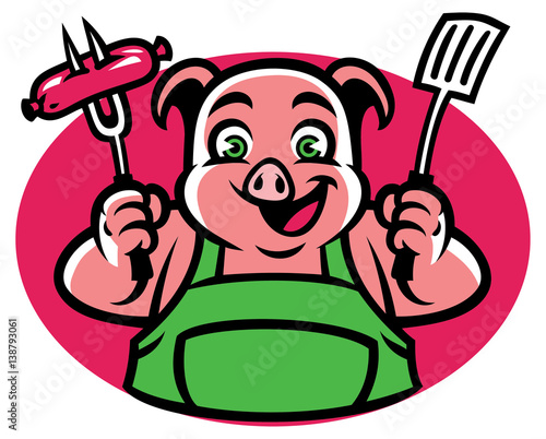 Pig CHaracter holding the bbq fork and sausage