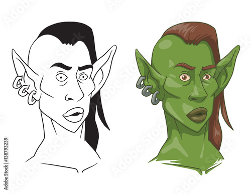 Vector cartoon image of a green goblin woman's head with brown hair and with gray three earrings in her ear and line image of a goblin woman's head on a white background. Color and line image.