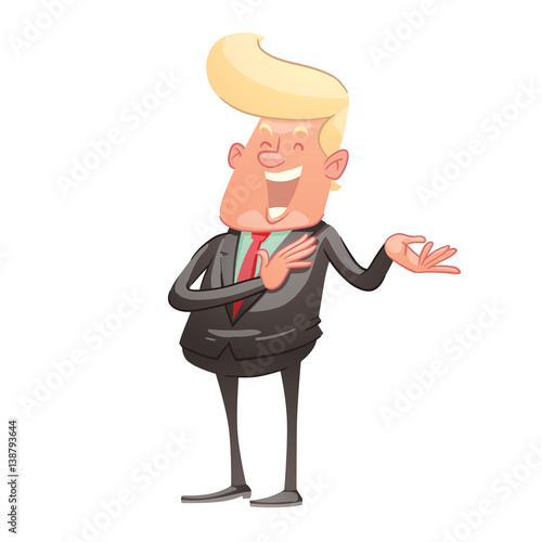 Vector cartoon image of a funny politician with blond hair in a black suit, green shirt and red tie, standing and laughing on a white background. Politics, business. Vector illustration.