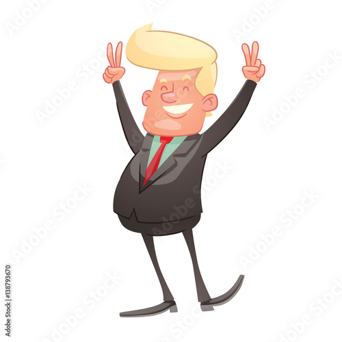 Vector cartoon image of a funny politician with blond hair in a black suit, green shirt and red tie, standing and showing signs of victory and smiling on a white background. Politics, business.