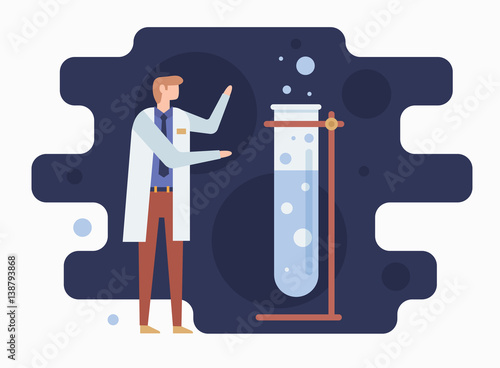 Chemist and Laboratory. Chemical experiment by a talented student. Vector illustration.