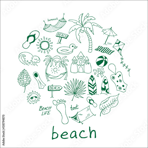 Hand drawn travel, vacation, beach doodle Icons collection on white background. 