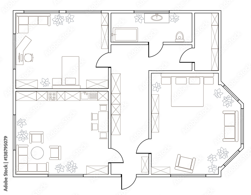 Abstract vector plan of two-bedroom apartment