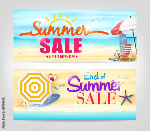 Summer Sale Banners in a beach Background. Vector illustration.
