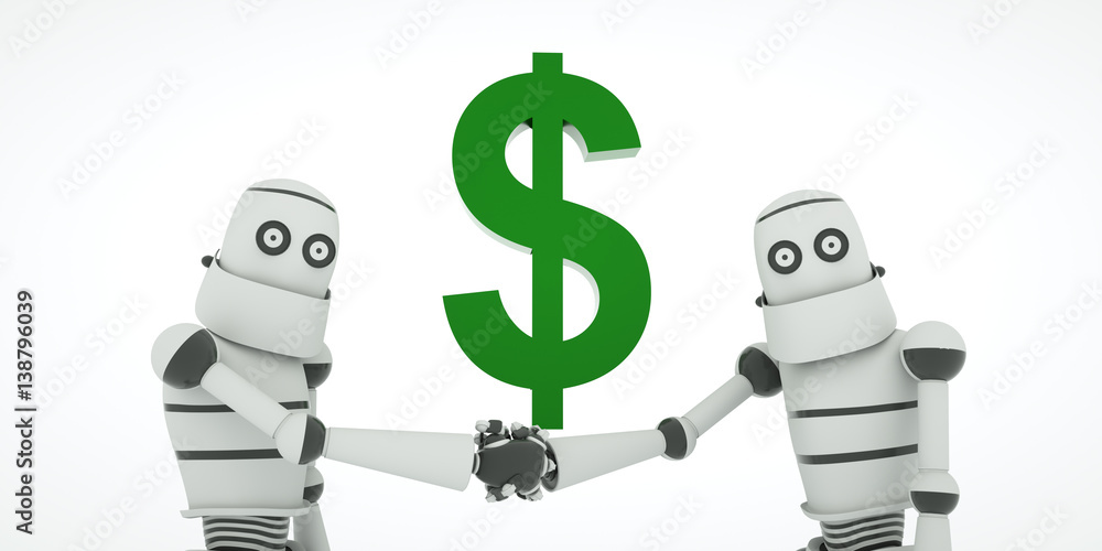 Good financial deal, robots shake hands against the green dollar sign, 3d render Good financial deal, robots shake hands against the green dollar sign, 3d render