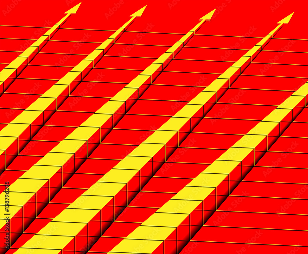 five straight yellow arrows on a red background Isometric