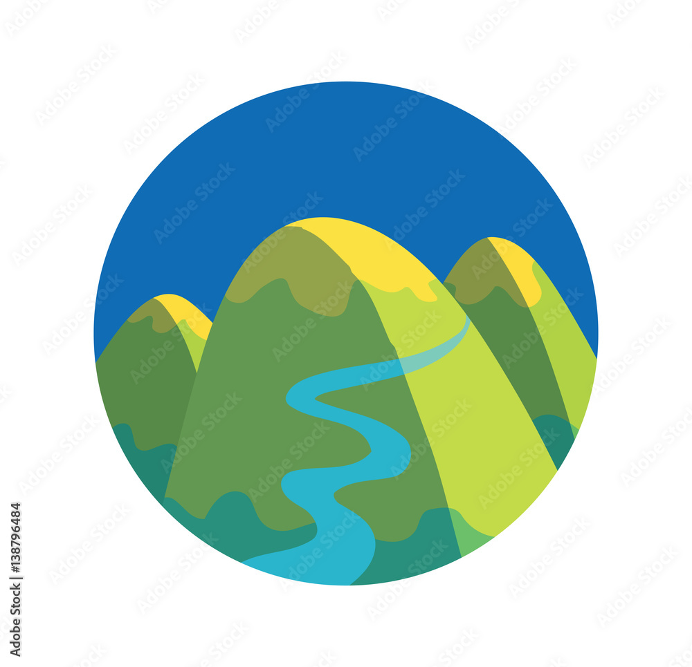 Vector blue round label with cartoon image of green-yellow mountain with three rounded peaks and blue river in the center on a white background. Nature, climbing, background. Vector illustration.