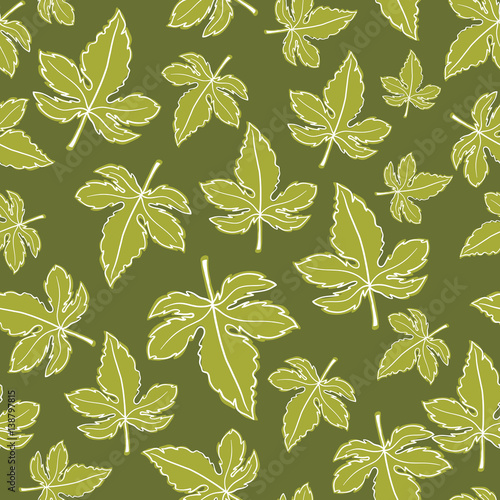 Vector seamless floral pattern with decorative green leaves on a green background. Wallpaper, textile, tissue, background. Vector illustration.