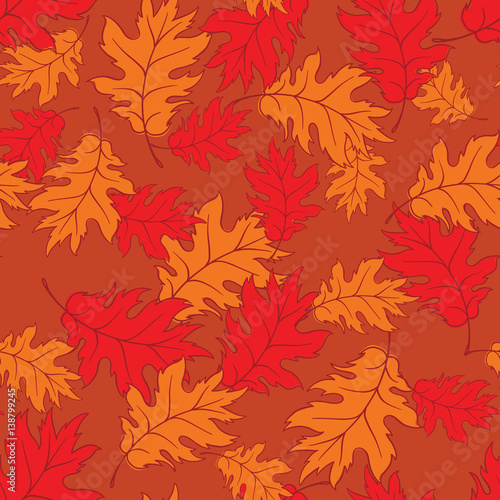 Vector seamless floral pattern with decorative red and orange leaves on a brown background. Wallpaper, textile, tissue, background. Vector illustration.