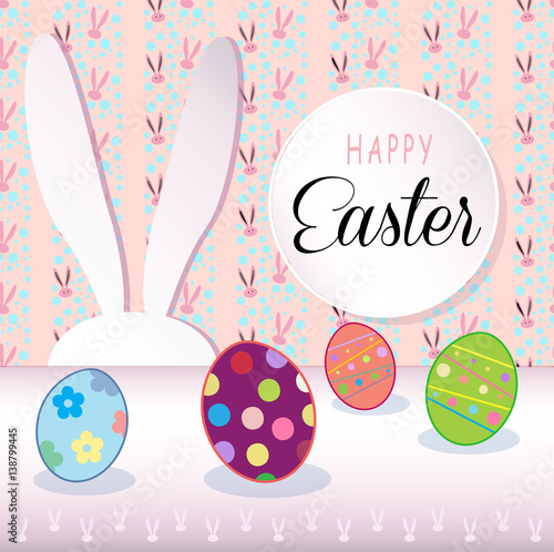 Happy Easter Holiday, Easter Rabbit and Easter eggs, ribbon, Easter Bunny. Greeting card background. Cute Rabbit Flat. Poster. Frame Vector Illustration