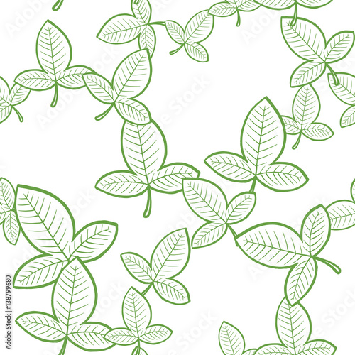 Vector seamless floral pattern with decorative white leaves with a green stroke on a white background. Wallpaper, textile, tissue, background. Vector illustration.