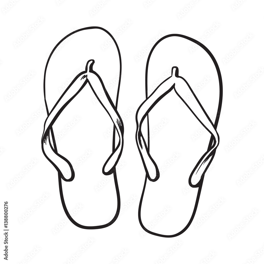 Pair of flip flops, summer time vacation attribute, slippers, shoes, sketch  style vector black and white illustration isolated on white background.  Hand drawn flip flops, sandals, symbol of summer Stock Vector