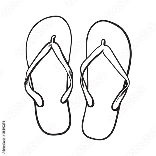 Pair of flip flops, summer time vacation attribute, slippers, shoes, sketch style vector black and white illustration isolated on white background. Hand drawn flip flops, sandals, symbol of summer