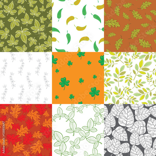 Vector set of seamless floral patterns with various decorative leaves on a different colors backgrounds. Wallpaper, textile, tissue, background. Vector illustration.