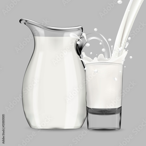 Pouring milk in transparent glass with splash, lot of drops and full jug of milk standing behind, high quality realistic vector illustration