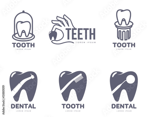 Set of graphic, black and white tooth, dental care logo templates, vector illustration isolated on white background. Stylized graphic tooth, dental care logotype, logo design