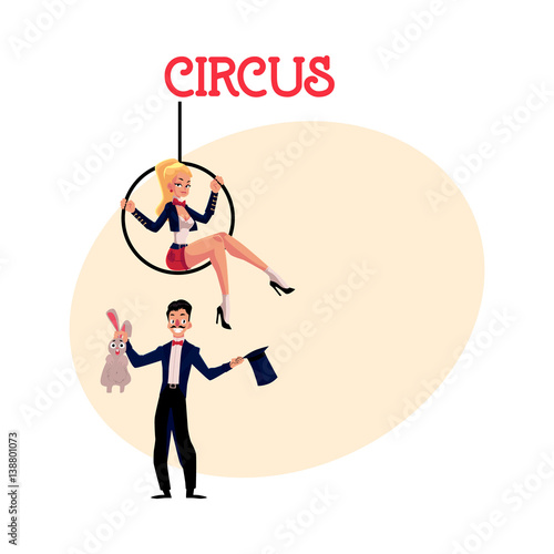 Circus performers - magician conjuring rabbit out of hat and acrobat sitting on aerial hoop, cartoon vector illustration with place for text. Magician and acrobat circus performers