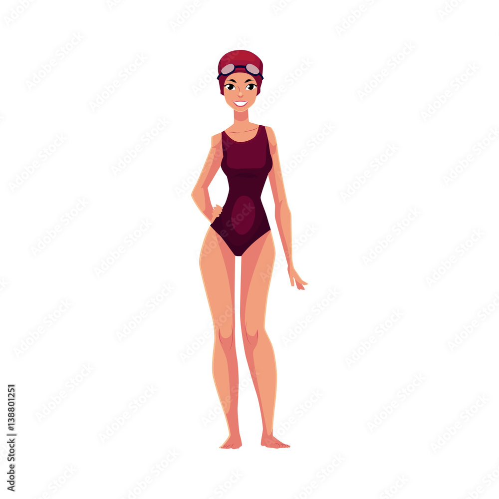 Beautiful woman, swimmer in swimming suit, cap and goggles, cartoon vector illustration isolated on white background. Front view full length portrait of woman, girl swimmer in swimming suit