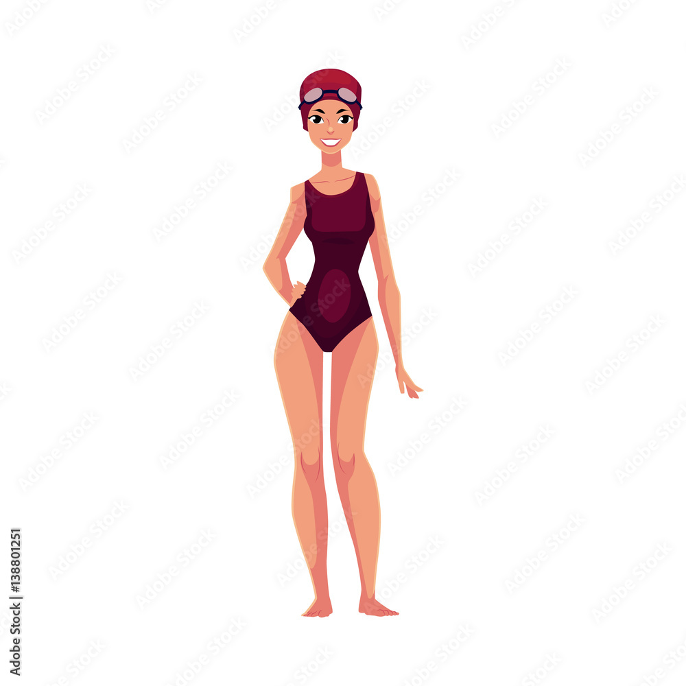 Beautiful woman, swimmer in swimming suit, cap and goggles, cartoon vector illustration isolated on white background. Front view full length portrait of woman, girl swimmer in swimming suit Beautiful woman, swimmer in swimming suit, cap and goggles, cartoon vector illustration isolated on white background. Front view full length portrait of woman, girl swimmer in swimming suit