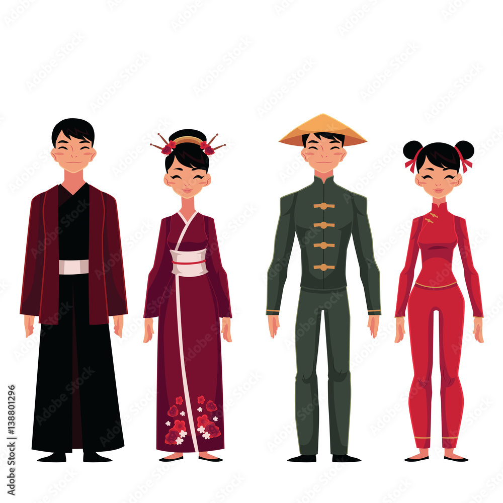 Set of people, men and women, in traditional national costumes, cartoon vector illustration isolated on white background. People of China in Chinese national clothes, garments, costumes
