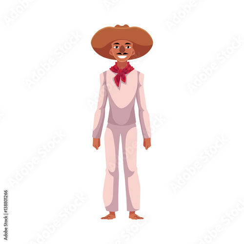 Mexican man in traditional national costume, white clothes and red neck tie, cartoon vector illustration isolated on white background. Full length portrait of Mexican man in national clothes