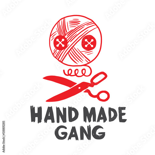 Vector image of the emblem of handmade in the form of a red skull and crossbones from the tangle of thread, buttons and scissors on a white background. Needlework, craft. Inscription "Hand Made Gang".