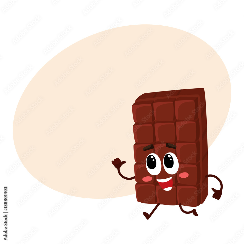 Cute chocolate bar character with funny face hurrying somewhere, cartoon  vector illustration with place for text. Funny chocolate character, mascot,  emoticon Stock Vector | Adobe Stock